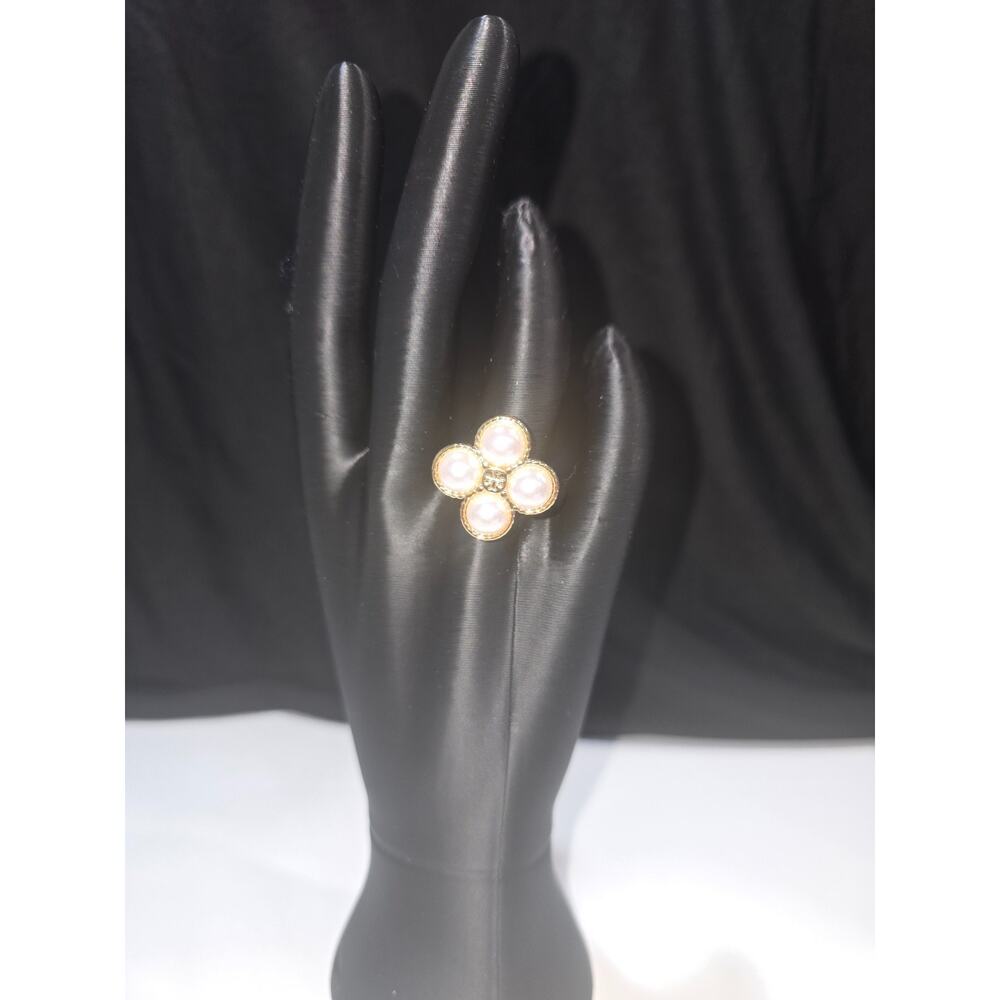 Tory Burch Rope Gold Plated Clover Ring w/Simulated Pearls-Size 7 NWOT MSRP$128!
